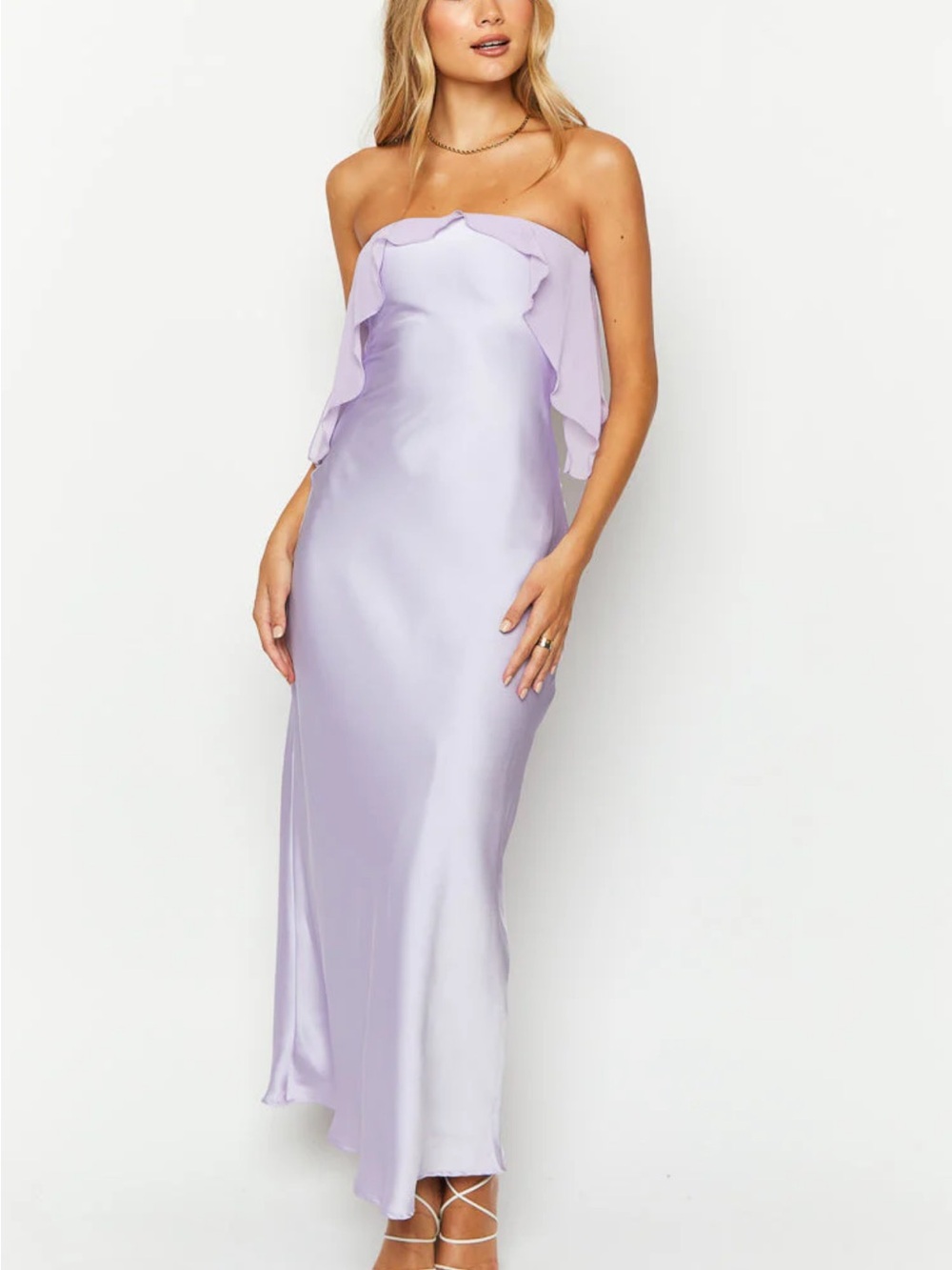Beginning Boutique Lavender Strapless Satin Ruffle Maxi Dress